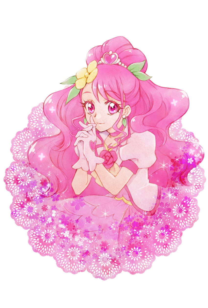 1girl aizen_(syoshiyuki) choker closed_mouth colored_eyelashes cure_grace earrings flower gloves hair_bun hair_flower hair_ornament hanadera_nodoka hands_clasped healin'_good_precure heart heart_hair_ornament highres jewelry long_hair looking_at_viewer magical_girl own_hands_together pink_eyes pink_flower pink_hair pink_neckwear pink_rose pink_skirt pink_theme precure rose simple_background skirt smile solo upper_body white_background white_gloves