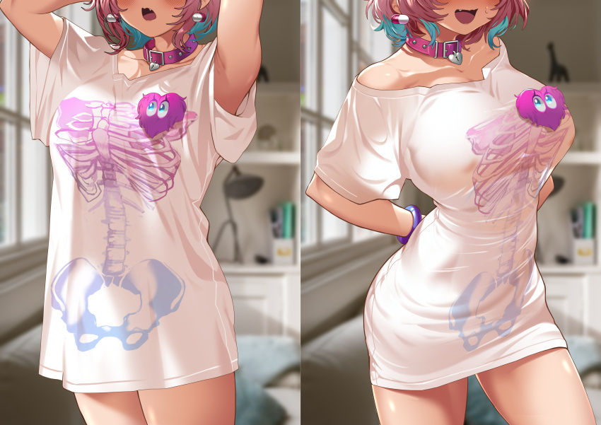 1girl absurdres bare_shoulders bedroom blue_hair blush bracelet breasts bsue collar collarbone fang head_out_of_frame heart heart-shaped_lock heart_collar highres idolmaster idolmaster_cinderella_girls indoors jewelry large_breasts multicolored_hair off-shoulder_shirt off_shoulder open_mouth pill_earrings pink_collar pink_hair shirt short_hair short_sleeves skeleton_print smile solo standing t-shirt two-tone_hair white_shirt yumemi_riamu