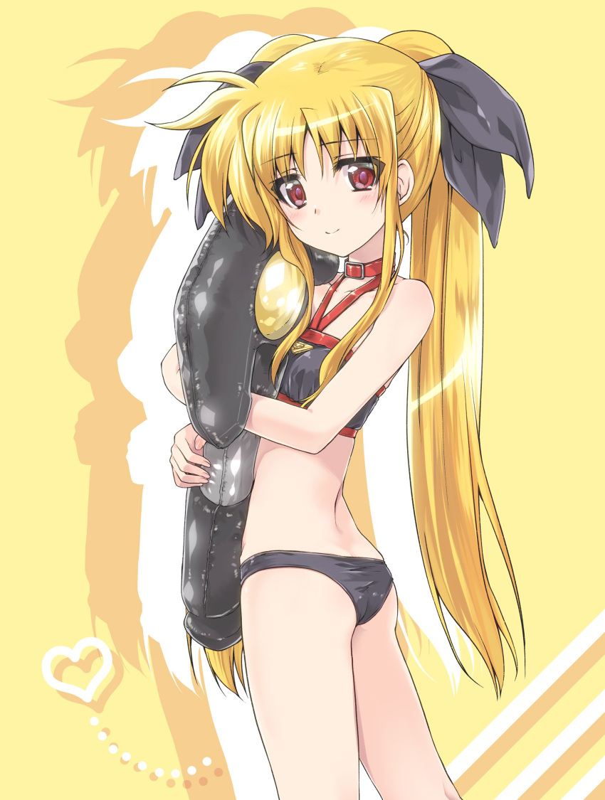 1girl absurdres ass back bangs bardiche bikini black_bikini black_ribbon choker closed_mouth commentary eyebrows_visible_through_hair fate_testarossa from_side hair_ribbon heart highres holding_toy inflatable_toy jewelry kuroi_mimei long_hair looking_at_viewer looking_back lyrical_nanoha mahou_shoujo_lyrical_nanoha necklace red_choker red_eyes ribbon shadow silhouette smile solo standing strapless strapless_bikini swimsuit twintails yellow_background