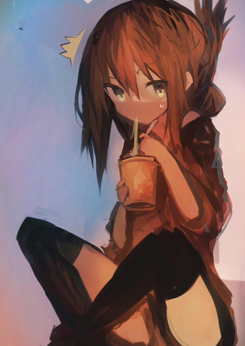 /\/\/\ 1girl absurdres alternate_costume bangs black_legwear blue_background brown_hair commentary cup eating eyebrows_visible_through_hair folded_ponytail food hair_between_eyes highres holding inazuma_(kantai_collection) indian_style kaamin_(mariarose753) kantai_collection looking_at_viewer noodles off_shoulder over-kneehighs raised_eyebrow sitting solo sweatdrop thigh-highs