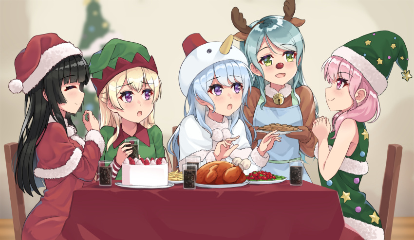 5girls :o ^_^ animal_costume animal_ears antlers apron aqua_hair bang_dream! bangs bell black_hair blonde_hair blue_apron blue_hair brown_gloves cake capelet chair chicken_(food) chicken_hat christmas christmas_tree_costume clenched_hands closed_eyes commentary_request costume cup dress drinking_glass elf_hat far_is_a food fur-trimmed_capelet fur-trimmed_sleeves fur_trim gloves green_eyes green_headwear half_updo hands_together hat highres hikawa_sayo holding holding_cup holding_plate jingle_bell long_hair long_sleeves looking_at_another maruyama_aya matsubara_kanon multiple_girls neck_bell pink_eyes pink_hair plate pom_pom_(clothes) red_capelet red_headwear red_nose reindeer_antlers reindeer_costume reindeer_ears santa_dress santa_hat shirasagi_chisato shirokane_rinko sitting sleeveless sleeveless_dress smile star table violet_eyes