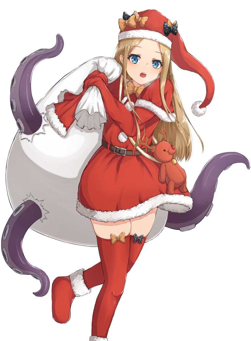 1girl abigail_williams_(fate/grand_order) absurdres antlers bangs bao_(s_888) black_bow blonde_hair blue_eyes blush bow commentary_request dress eyebrows_visible_through_hair fate/grand_order fate_(series) forehead hair_bow hat highres holding holding_sack long_hair long_sleeves looking_at_viewer orange_bow parted_bangs polka_dot polka_dot_bow red_dress red_headwear red_legwear reindeer_antlers sack santa_costume santa_dress santa_hat simple_background sleeves_past_fingers sleeves_past_wrists solo stuffed_animal stuffed_toy teddy_bear tentacles thigh-highs very_long_hair white_background