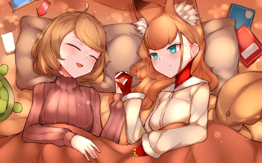 2girls :d absurdres ahoge andou_inari animal_ear_fluff animal_ears bangs bed_sheet blue_eyes breasts brown_hair brown_sweater cellphone character_request choumi_wuti_(xueye_fanmang_zhong) closed_eyes closed_mouth commentary_request directional_arrow fox_ears highres holding_hands jacket long_hair long_sleeves lying medium_breasts multiple_girls on_back on_side open_mouth phone pillow ribbed_sweater smile sweater under_covers virtual_youtuber vr_link white_jacket
