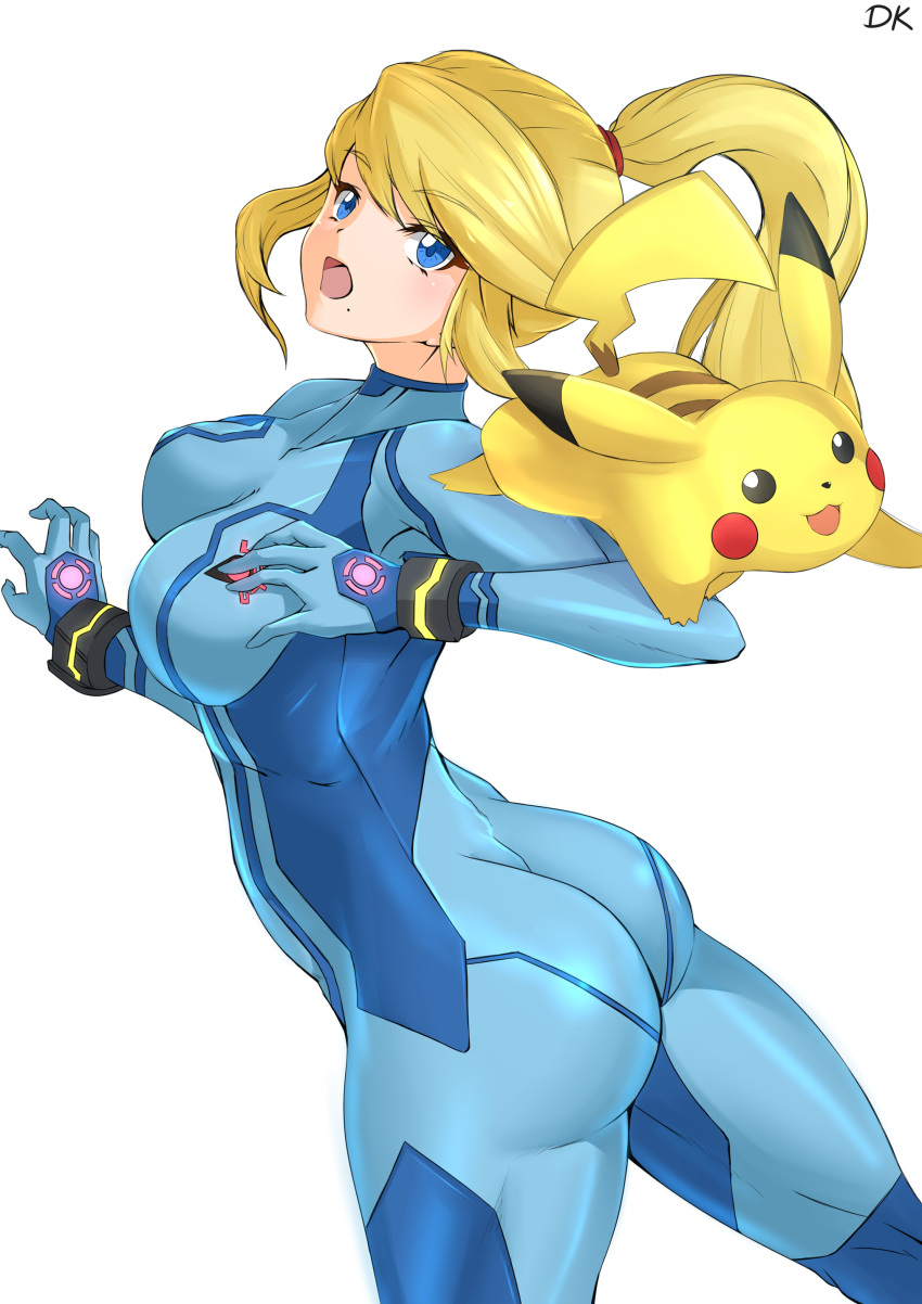 1girl 1other absurdres animal artist_name ass bangs blonde_hair blue_bodysuit blue_eyes bodysuit breasts commentary_request creatures_(company) deekei eyebrows_visible_through_hair game_freak gen_1_pokemon hands_up highres human koei_tecmo mammal medium_breasts metroid mole mole_under_mouth mouse nintendo nintendo_ead olm_digital open_mouth pikachu pokemon pokemon_(creature) ponytail retro_studios samus_aran shiny shiny_clothes shiny_hair signature simple_background skin_tight solo sora_(company) super_smash_bros. team_ninja tied_hair white_background zero_suit