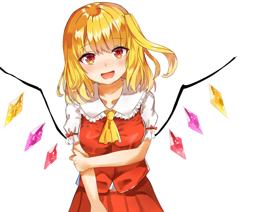 1girl alternate_breast_size alternate_hair_length alternate_hairstyle arm_across_chest bangs blonde_hair blush breasts commentary cravat eyebrows_visible_through_hair flandre_scarlet head_tilt highres holding_arm kiui_(dagk8254) looking_at_viewer medium_breasts medium_hair no_headwear open_mouth puffy_short_sleeves puffy_sleeves red_eyes red_skirt red_vest shiny shiny_hair shirt short_sleeves side_ponytail simple_background skirt solo standing touhou upper_body vest white_background white_shirt wings yellow_neckwear