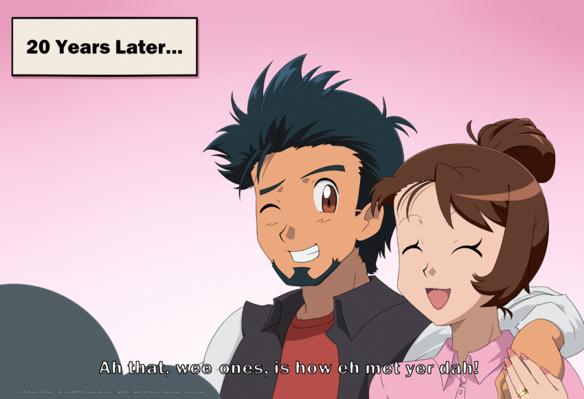 1boy 1girl arm_around_shoulder beard black_hair brown_eyes brown_hair closed_eyes collared_jacket collared_shirt facial_hair hair_bun happy if_they_mated jewelry married older one_eye_closed pink_shirt pokemon pokemon_(anime) pokemon_(game) pokemon_swsh ring sakura_araragi satoshi_(pokemon) scottish_english_text shirt silhouette spiky_hair translated wedding_ring yuuri_(pokemon)