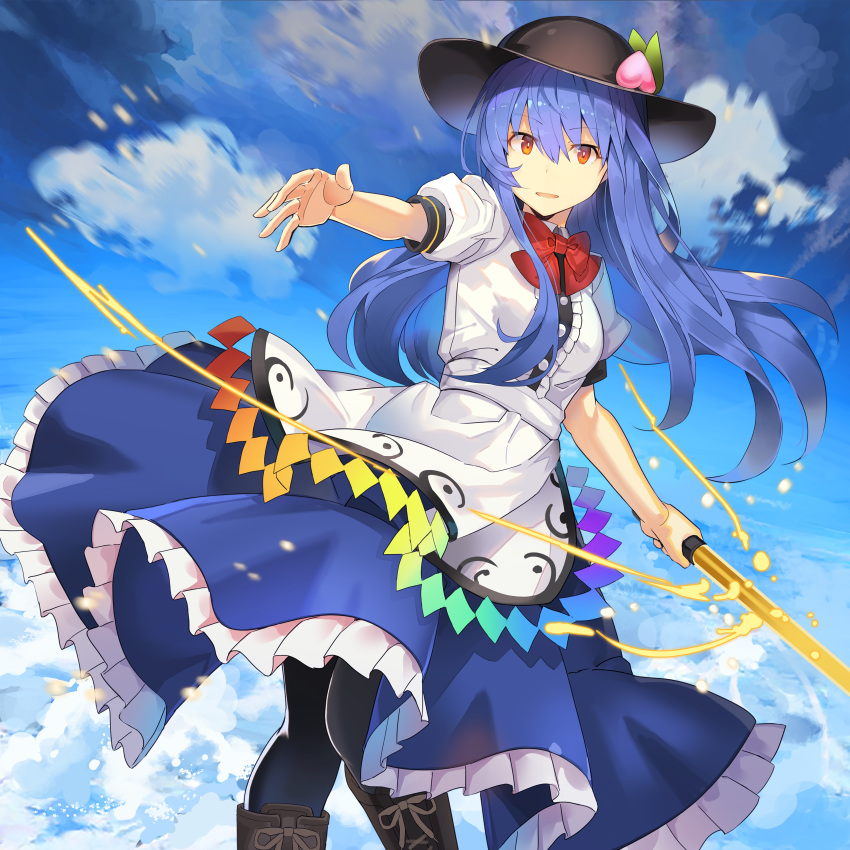 1girl absurdres bangs black_footwear black_headwear black_legwear blouse blue_hair blue_skirt blue_sky boots bow bowtie breasts center_frills clouds commentary_request day eyebrows_visible_through_hair feet_out_of_frame food fruit hair_between_eyes hat highres hinanawi_tenshi holding holding_sword holding_weapon huge_filesize leaf left-handed long_hair looking_at_viewer outdoors pantyhose parted_lips peach puffy_short_sleeves puffy_sleeves reaching_out red_bow red_eyes red_neckwear rin_falcon short_sleeves sidelocks skirt sky small_breasts solo sword sword_of_hisou touhou weapon white_blouse