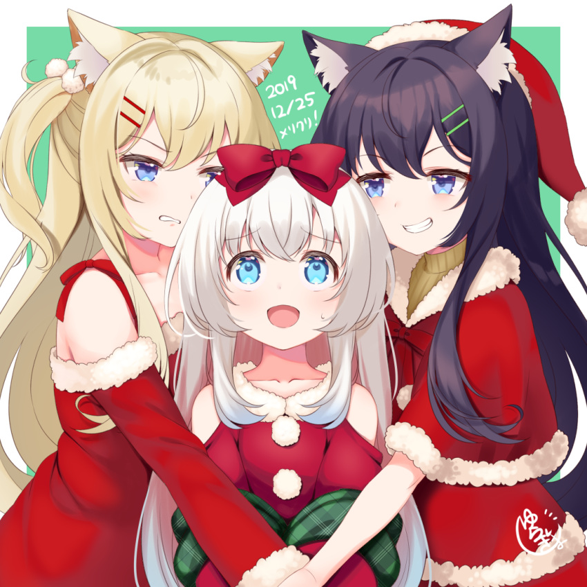 3girls animal_ear_fluff animal_ears bangs bare_shoulders black_hair blonde_hair blue_eyes blush bow capelet cat_ears collarbone dated eyebrows_visible_through_hair fur_trim hair_bow hair_ornament hairclip hat looking_at_another looking_up multiple_girls one_side_up open_mouth original red_bow santa_costume santa_hat shoulder_cutout silver_hair yatsuki_yura