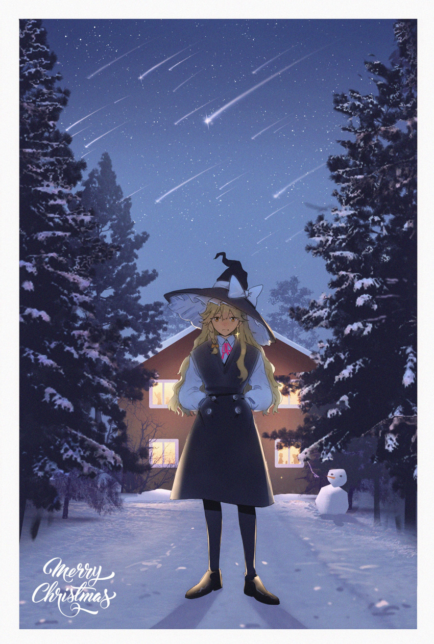 1girl absurdres alternate_costume backlighting black_legwear black_skirt black_vest blonde_hair brown_footwear chinese_commentary commentary english_text hair_between_eyes hands_in_pockets hat highres house jira kirisame_marisa loafers long_hair long_sleeves merry_christmas neck_ribbon night night_sky open_mouth outdoors pantyhose pink_ribbon ribbon shadow shirt shoes shooting_star silhouette skirt sky snow snowman solo standing star_(sky) starry_sky touhou tree very_long_hair vest walkway white_shirt wide_shot witch_hat yellow_eyes