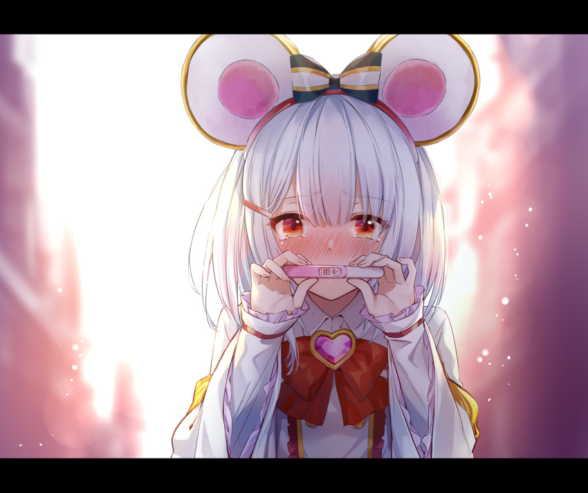 1girl animal_ears bangs blurry blurry_background blush bow eyebrows_visible_through_hair full-face_blush granblue_fantasy hair_bow hair_ornament hairclip highres hika_(cross-angel) letterboxed looking_at_viewer mouse_ears pregnancy_test red_eyes short_hair silver_hair solo tears vikala_(granblue_fantasy)