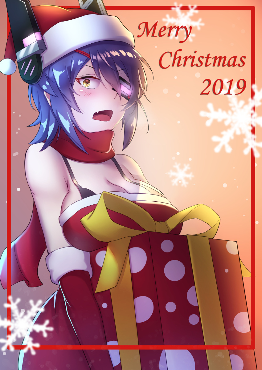 1girl absurdres alternate_costume box breasts christmas dress eyepatch fur-trimmed_hat gift gift_box hat headgear highres kantai_collection large_breasts purple_hair red_dress red_headwear red_scarf santa_costume santa_dress santa_hat scarf short_hair sleeveless sleeveless_dress solo tenryuu_(kantai_collection) upper_body yellow_eyes zknxart99