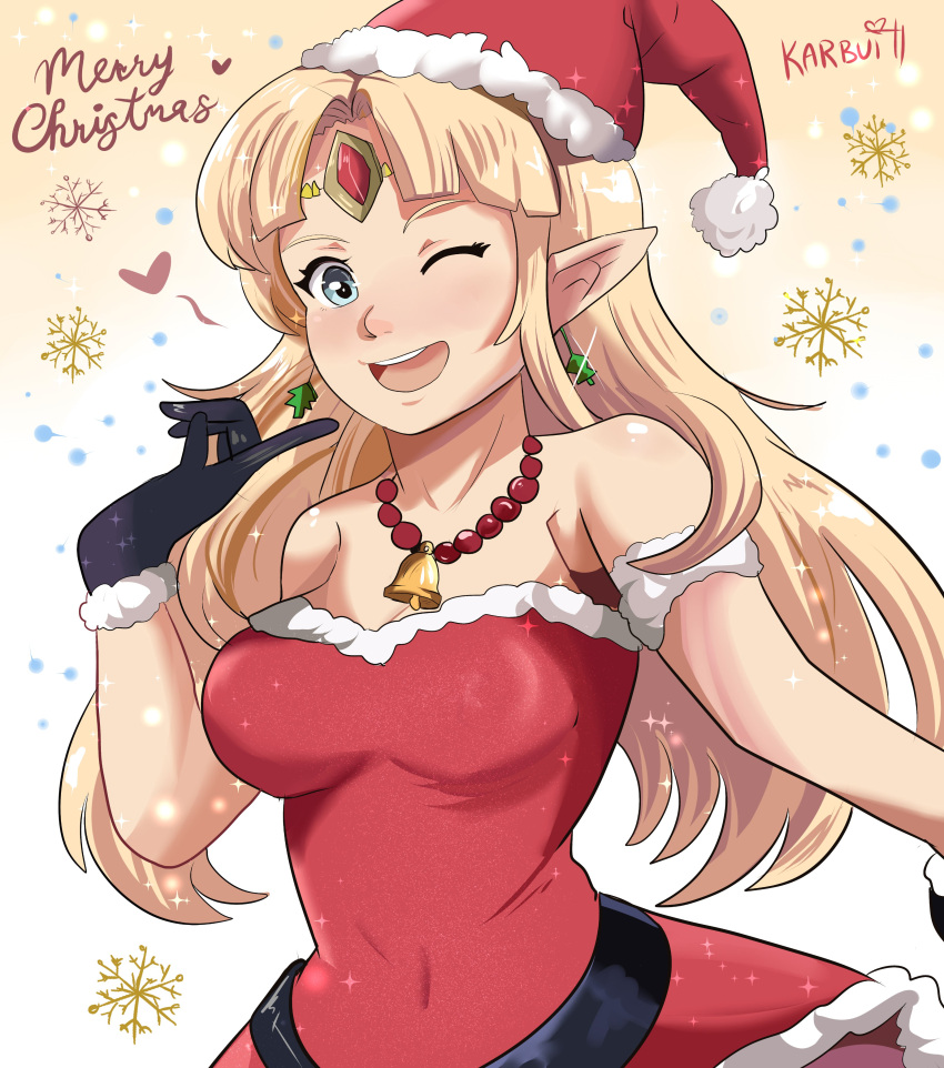 1girl ;d absurdres artist_name bare_shoulders blonde_hair blue_eyes blush breasts covered_nipples cowboy_shot hat highres jewelry karbuitt long_hair medium_breasts merry_christmas neck_bell necklace one_eye_closed open_mouth pointy_ears princess_zelda santa_costume santa_hat smile solo super_smash_bros. the_legend_of_zelda white_background