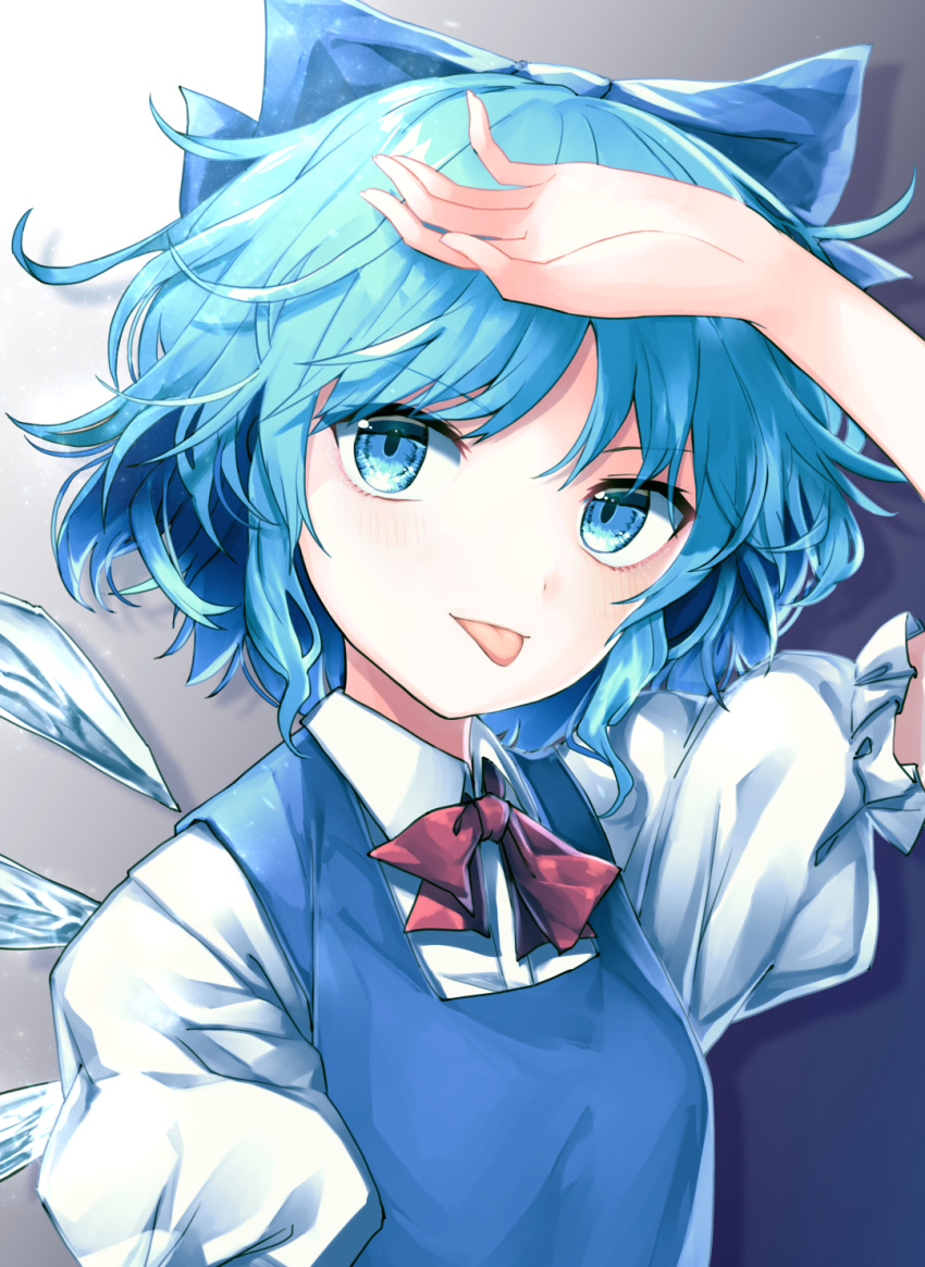 1girl :p arm_up bangs blue_bow blue_dress blue_eyes blue_hair blush bow bowtie cirno commentary_request dress eyebrows_visible_through_hair gradient gradient_background grey_background hair_bow highres ice ice_wings kisamu_(ksmz) looking_at_viewer pinafore_dress puffy_short_sleeves puffy_sleeves red_bow red_neckwear shirt short_hair short_sleeves solo tongue tongue_out touhou upper_body white_shirt wings