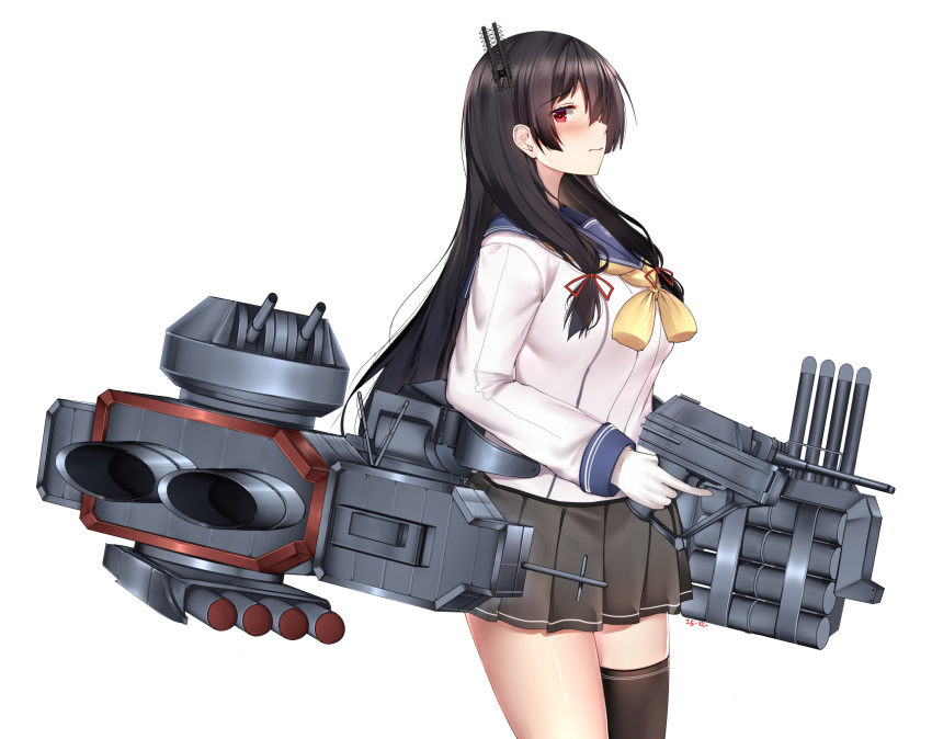 1girl adapted_turret asymmetrical_legwear black_hair black_legwear black_skirt cannon cowboy_shot from_side gloves hair_ribbon highres holding holding_weapon isokaze_(kantai_collection) kantai_collection long_hair long_sleeves pleated_skirt qqq red_eyes ribbon rigging school_uniform serafuku shirt simple_background single_thighhigh skirt solo standing thigh-highs torpedo_tubes tress_ribbon turret weapon white_background white_gloves white_shirt yellow_neckwear