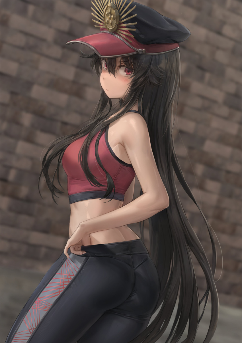 1girl absurdres ass bangs bare_arms bare_shoulders black_headwear black_pants blurry blurry_background blush breasts closed_mouth commentary depth_of_field eyebrows_visible_through_hair fate/grand_order fate_(series) from_behind hair_between_eyes highres long_hair looking_at_viewer looking_back medium_breasts oda_nobunaga_(fate) oda_nobunaga_(fate)_(all) pants sidelocks solo sports_bra track_pants yohan1754