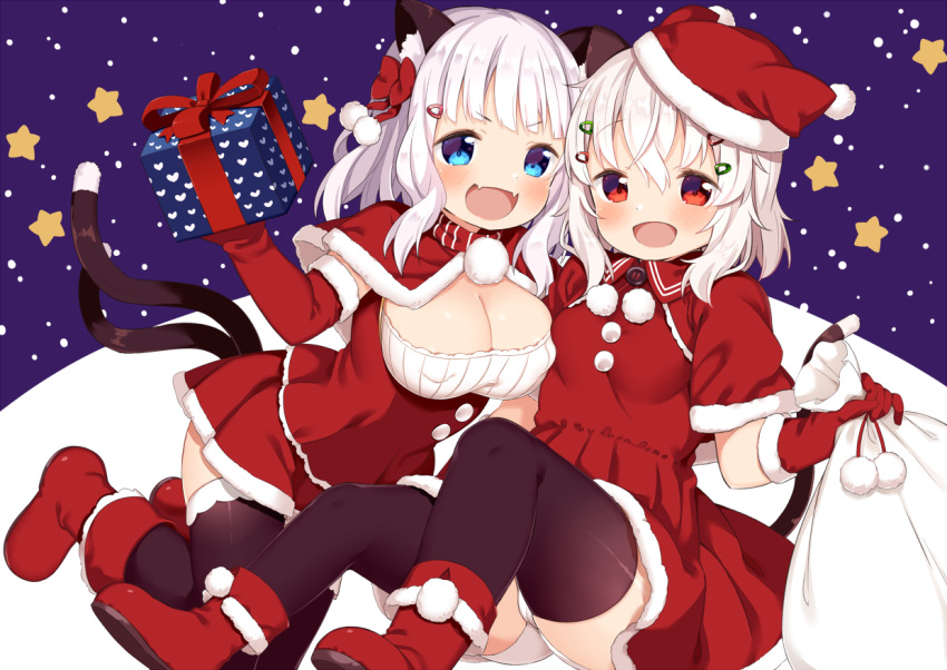 2girls :d animal_ear_fluff animal_ears bangs black_legwear blue_eyes boots bow box capelet cat_ears cat_girl cat_tail commentary_request dress elbow_gloves eyebrows_visible_through_hair fang fur-trimmed_capelet fur-trimmed_dress fur-trimmed_hat fur-trimmed_sleeves fur_trim gift gift_box gloves hair_between_eyes hair_bow hair_ornament hairclip hat heart holding holding_gift holding_sack muku_(muku-coffee) multiple_girls multiple_tails open_mouth original panties red_bow red_capelet red_dress red_eyes red_fur red_headwear sack santa_costume santa_hat sheeney_(muku) shiro_(muku) smile star tail thigh-highs thighhighs_under_boots two_tails underwear white_hair white_panties