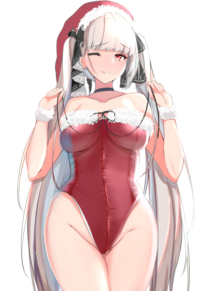 1girl ;q absurdres azur_lane bare_shoulders black_bow bow breasts choker christmas closed_mouth collarbone cowboy_shot formidable_(azur_lane) groin hair_bow hands_up hat highres huge_filesize large_breasts leotard long_hair looking_at_viewer nephthys2356 one_eye_closed red_eyes red_headwear red_leotard santa_hat silver_hair simple_background smile solo standing thighs tongue tongue_out twintails very_long_hair white_background