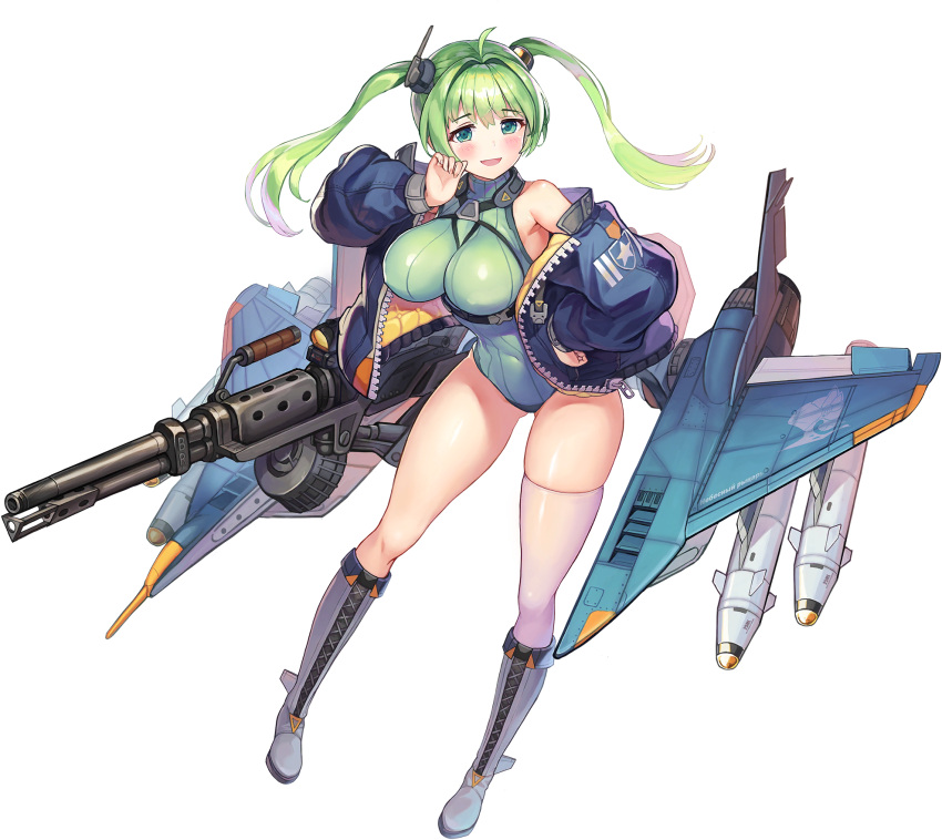 1girl asymmetrical_legwear blue_eyes blush boots breasts full_body green_hair gun highres knee_boots large_breasts last_origin leotard long_hair machine_gun p-29_lindwurm paintale ribbed_leotard single_thighhigh smile solo tachi-e thigh-highs turtleneck_leotard twintails weapon white_legwear