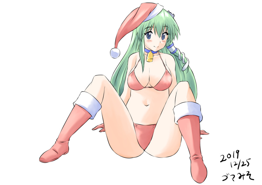 1girl bangs bare_arms bare_shoulders bell bell_choker bikini blue_choker blue_eyes boots breasts choker collarbone commentary_request dated eyebrows_visible_through_hair frog_hair_ornament full_body fur-trimmed_boots fur-trimmed_hat fur_trim gloves gomamiso_(gomamiso_sp) green_hair hair_between_eyes hair_ornament hair_tubes hat knee_boots kochiya_sanae large_breasts long_hair looking_at_viewer navel pom_pom_(clothes) red_bikini red_footwear red_gloves red_headwear santa_boots santa_hat simple_background sitting snake_hair_ornament solo spread_legs swimsuit touhou very_long_hair white_background