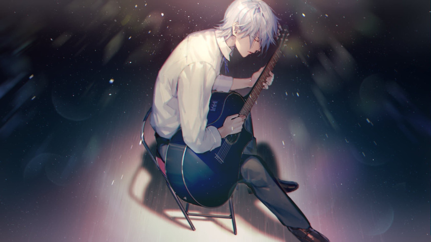 1boy acoustic_guitar bangs black_footwear black_pants bolo_tie chair closed_eyes collared_shirt commentary_request copyright_request crying from_side guitar highres instrument light_particles long_sleeves male_focus mebaru music nanase_taku pants playing_instrument profile shadow shirt shoes singing sleeves_rolled_up solo streaming_tears tears virtual_youtuber white_hair white_shirt