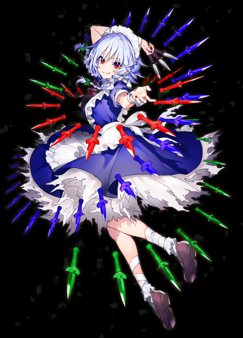 1girl apron arm_up bandages black_background blue_dress bobby_socks bow braid brown_footwear commentary_request danmaku dress eyebrows_visible_through_hair fingernails frilled_apron frills full_body green_bow green_nails grin hair_bow head_tilt highres holding holding_knife holding_weapon izayoi_sakuya knife loafers long_hair looking_at_viewer maid maid_apron maid_headdress mika_pikazo nail_polish puffy_short_sleeves puffy_sleeves purple_nails red_eyes red_nails shoes short_sleeves silver_hair simple_background smile socks solo torn_clothes torn_dress touhou twin_braids weapon white_apron white_legwear