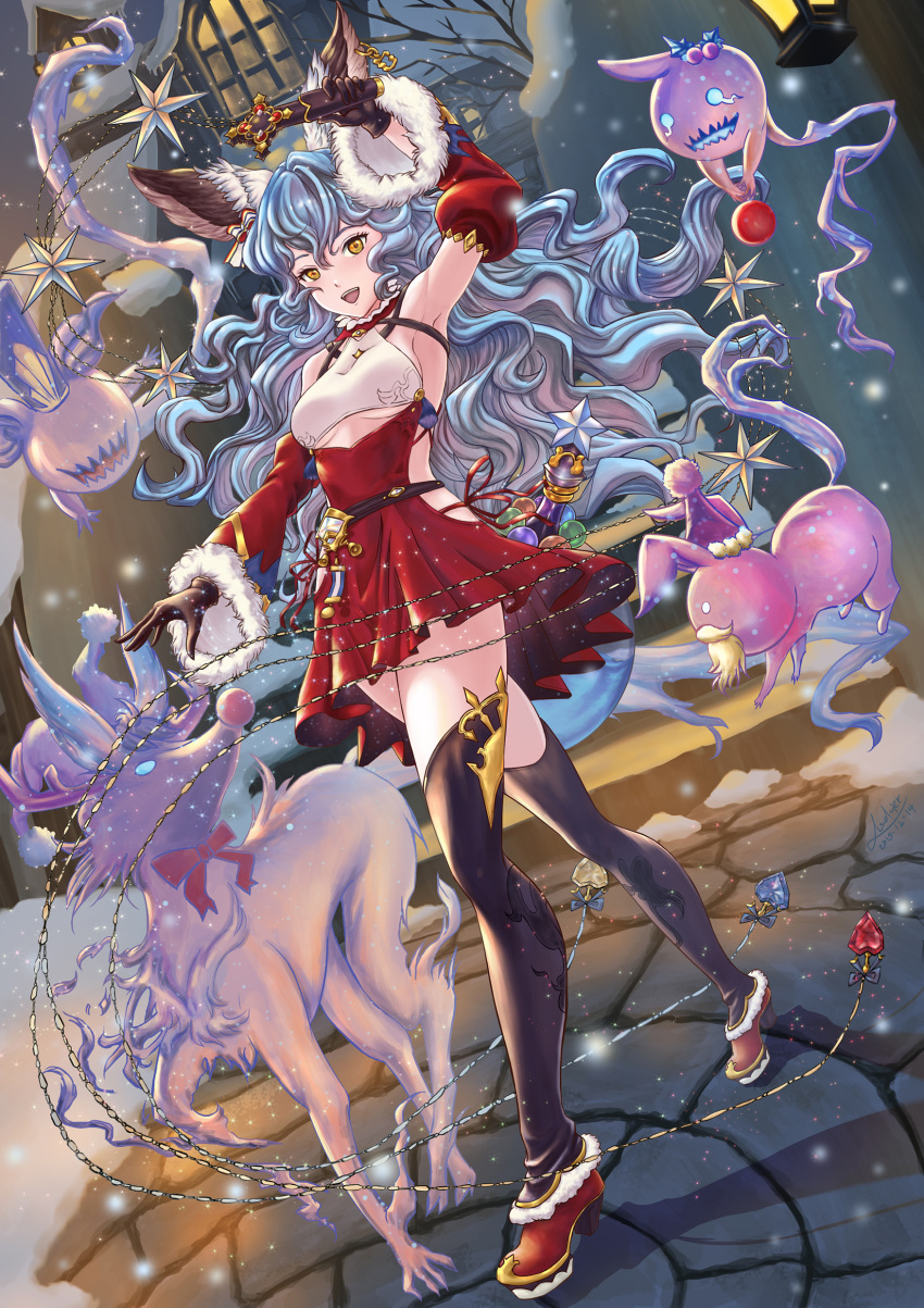 1girl :d absurdres animal_ears arm_up armpits bare_shoulders beard bell belt black_gloves black_legwear blue_hair blush breasts curly_hair detached_sleeves dress erune facial_hair ferry_(granblue_fantasy) full_body fur-trimmed_footwear fur-trimmed_sleeves fur_trim ghost gloves granblue_fantasy hair_between_eyes hat heart-shaped_gem high_heels highres holding_whip house jewelry lantern legendpoon long_hair medium_breasts night open_mouth outdoors pleated_dress rabbit red_dress red_footwear ruby_(gemstone) santa_hat sapphire_(gemstone) sideless_outfit single_earring smile snow snowing solo sparkle star thigh-highs under_boob underboob_cutout upper_teeth very_long_hair walking wide_sleeves wolf yellow_eyes