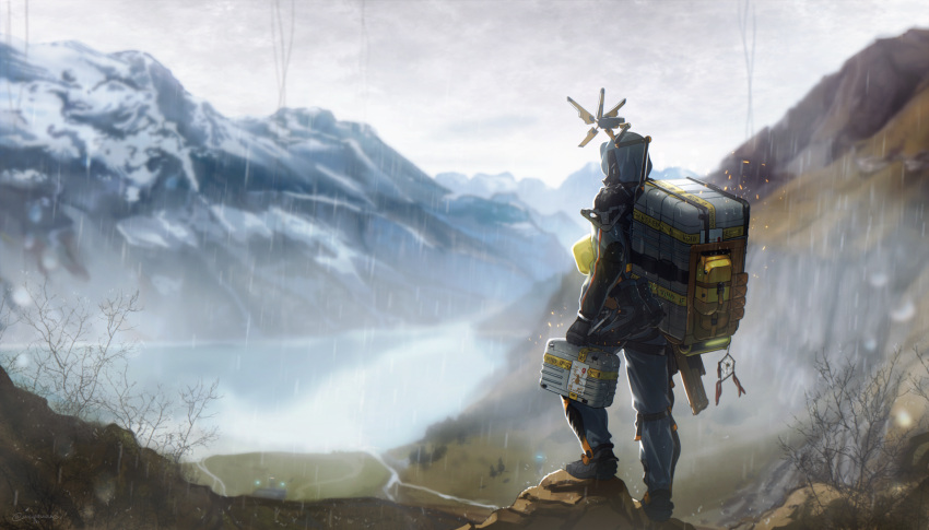 1boy backpack bag briefcase clouds cloudy_sky death_stranding e7_(runaway162) from_behind full_body highres holding holding_briefcase jumpsuit lake male_focus mountain mountainous_horizon odradek outdoors rain sam_porter_bridges scenery sky solo standing valley