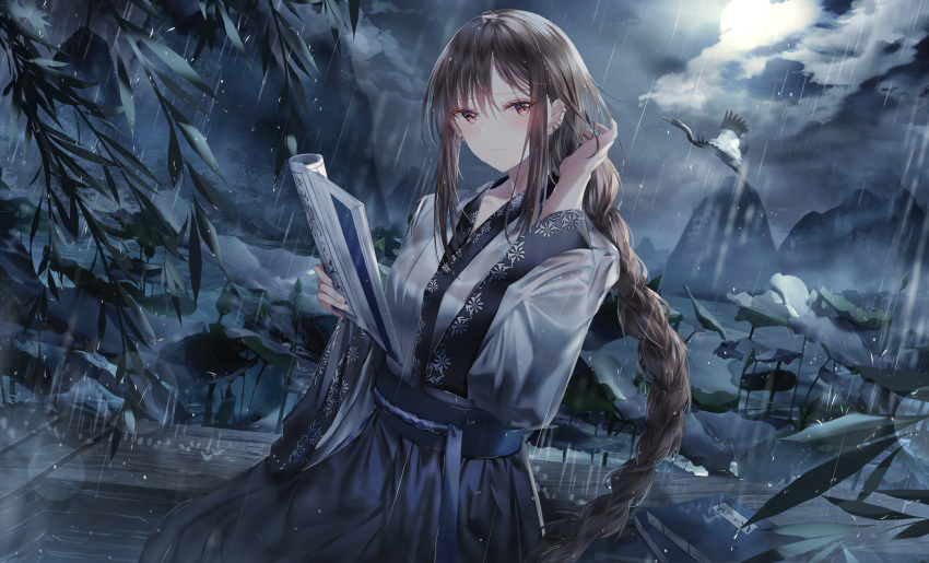 1girl absurdres animal bangs bird black_skirt book braid brown_hair closed_mouth clouds cloudy_sky commentary_request consort_yu_(fate) ear_piercing eyebrows_visible_through_hair fate/grand_order fate_(series) flying full_moon hair_between_eyes hand_up highres holding holding_book japanese_clothes junpaku_karen kimono long_hair long_sleeves looking_at_viewer moon mountain night night_sky open_book outdoors piercing rain red_eyes sidelocks single_braid skirt sky smile solo very_long_hair white_kimono wide_sleeves
