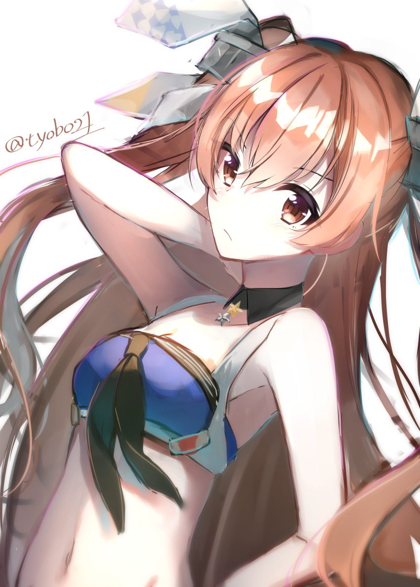 1girl absurdres adapted_costume bikini black_neckwear blue_bikini breasts brown_eyes chobo_ume detached_collar highres johnston_(kantai_collection) kantai_collection light_brown_hair long_hair looking_at_viewer medium_breasts neckerchief simple_background solo star swimsuit twitter_username two_side_up upper_body white_background