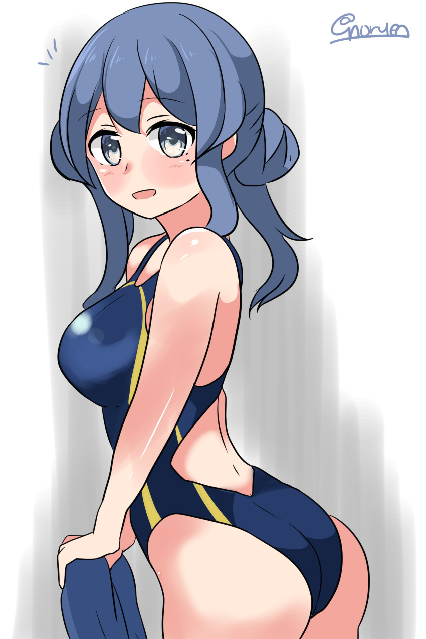 :d absurdres alternate_costume ass bare_shoulders blue_hair blush breasts competition_swimsuit eyebrows_visible_through_hair from_side gotland_(kantai_collection) hair_bun highres kantai_collection large_breasts long_hair mole mole_under_eye noruren one-piece_swimsuit open_mouth smile swimsuit twitter_username