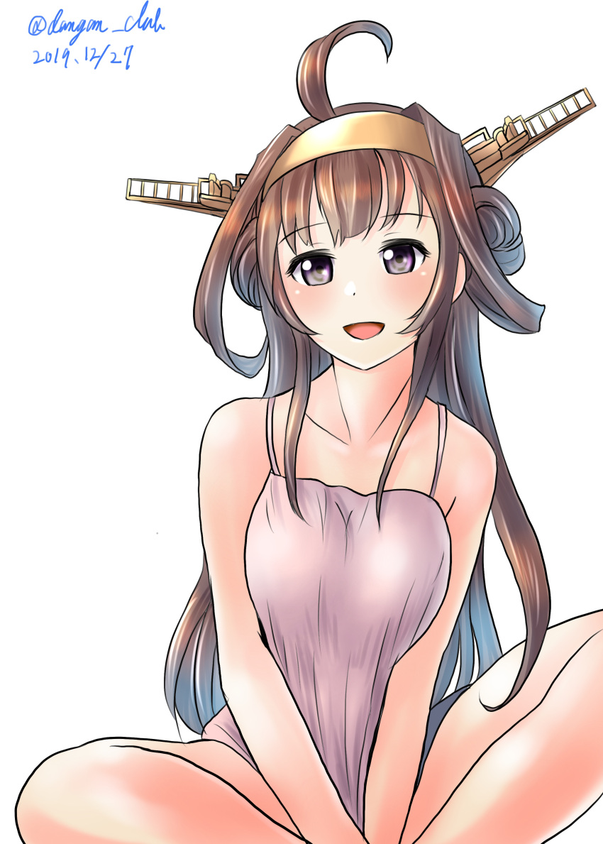 1girl :d absurdres ahoge blush breast_squeeze breasts brown_hair dangan_kurabu dated double_bun eyebrows_visible_through_hair hairband hands_together headgear highres kantai_collection kongou_(kantai_collection) long_hair looking_at_viewer open_mouth remodel_(kantai_collection) simple_background sitting smile solo twitter_username violet_eyes white_background