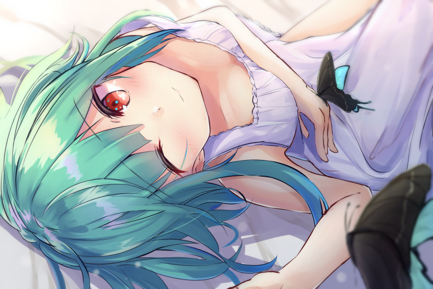 1girl alternate_costume blurry_foreground blush breasts bug butterfly green_hair highres hololive insect kurohikage lingerie looking_at_viewer lying negligee on_back one_eye_closed red_eyes short_hair small_breasts smile solo underwear uruha_rushia virtual_youtuber