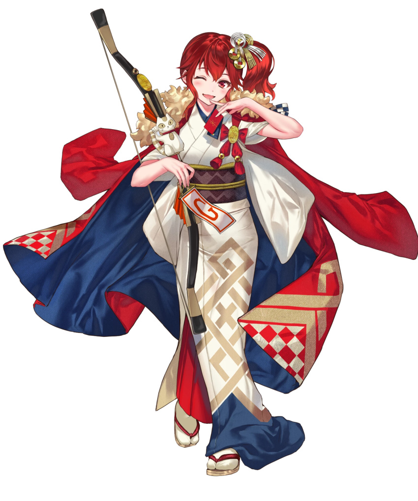 1girl anna_(fire_emblem) bangs bow_(weapon) fire_emblem fire_emblem_heroes full_body hair_ornament hanekoto highres japanese_clothes kimono looking_at_viewer obi official_art one_eye_closed open_mouth red_eyes redhead sandals sash smile solo tabi tied_hair transparent_background weapon white_legwear