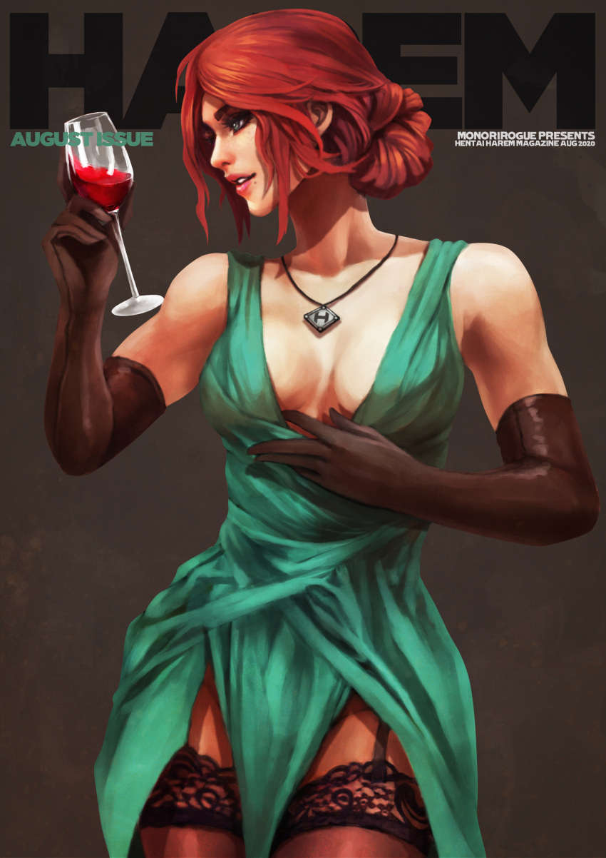 1girl absurdres alcohol black_gloves breasts cleavage_reach contemporary cover cup dress drinking_glass elbow_gloves english_text eyeshadow fake_magazine_cover freckles garter_straps gloves green_dress green_eyes hair_bun highres jewelry lace lace-trimmed_legwear lipstick magazine_cover makeup medium_breasts mole mole_under_eye monori_rogue no_bra parted_lips pelvic_curtain pendant plunging_neckline redhead sheer_legwear short_hair solo the_witcher the_witcher_3 thick_eyebrows thigh-highs triss_merigold updo wine wine_glass