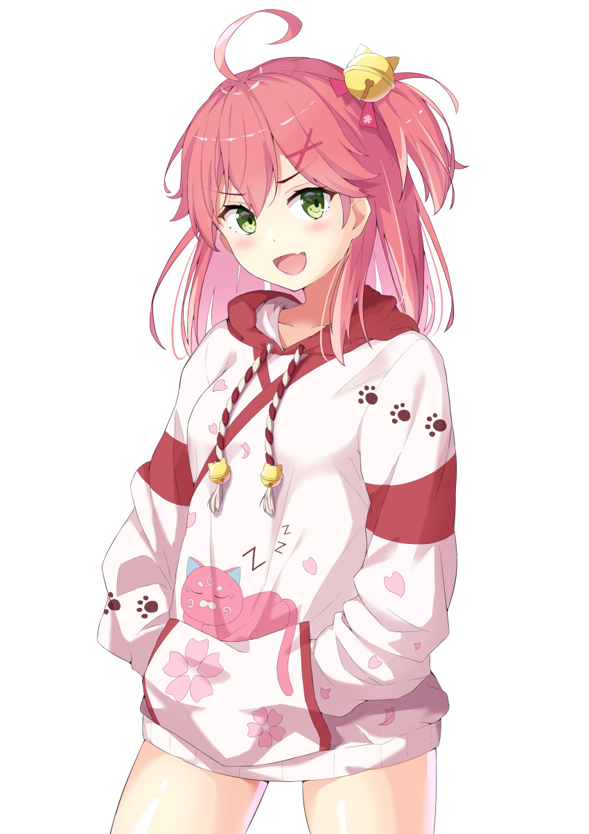 1girl absurdres ahoge alternate_costume bangs bell blush cat cherry_blossom_print collarbone eyebrows_visible_through_hair fang green_eyes hair_bell hair_between_eyes hair_ornament hairclip hands_in_pockets highres hololive jacket kintoki_(miko_channel) long_hair looking_at_viewer one_side_up open_mouth paw_print_pattern petal_print pink_cat pink_hair sakura_miko solo starkamisan tongue virtual_youtuber white_background zzz