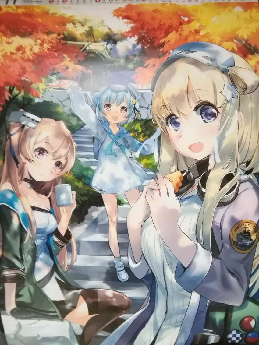 3girls adapted_costume alternate_costume autumn_leaves backpack badge bag bare_shoulders black_ribbon blazer blonde_hair blue_eyes blue_hair blue_neckwear breasts brown_eyes cowboy_shot dixie_cup_hat double_bun dress fletcher_(kantai_collection) full_body grey_dress grey_jacket hairband hat hat_ribbon headphones headphones_around_neck highres hood hooded_dress hoodie jacket johnston_(kantai_collection) kantai_collection light_brown_hair long_hair long_sleeves looking_at_viewer medium_breasts military_hat multiple_girls neckerchief official_art photo pink_jacket remodel_(kantai_collection) ribbon samuel_b._roberts_(kantai_collection) short_hair stairs two_side_up upper_body yellow_eyes zeco