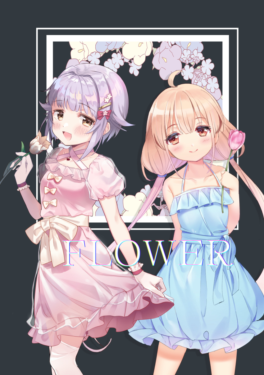 2girls :d ahoge bare_arms bare_shoulders blue_dress blush bow brown_eyes closed_mouth collarbone commentary_request dress english_text floral_background flower futaba_anzu hair_bow hair_flower hair_ornament hairclip heart highres holding holding_flower idolmaster idolmaster_cinderella_girls kanda_done koshimizu_sachiko light_brown_hair long_hair low_twintails multiple_girls open_mouth pink_dress pink_flower puffy_short_sleeves puffy_sleeves purple_hair red_bow red_eyes short_hair short_sleeves skirt_hold sleeveless sleeveless_dress smile thigh-highs twintails very_long_hair white_flower white_legwear wrist_cuffs