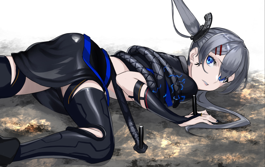 1girl absurdres android asagon007 blue_eyes bound cyborg damaged einherjar_azena electricity grey_hair hair_between_eyes hair_ornament highres long_hair looking_at_viewer original prosthesis science_fiction silver_hair solo tattoo twintails