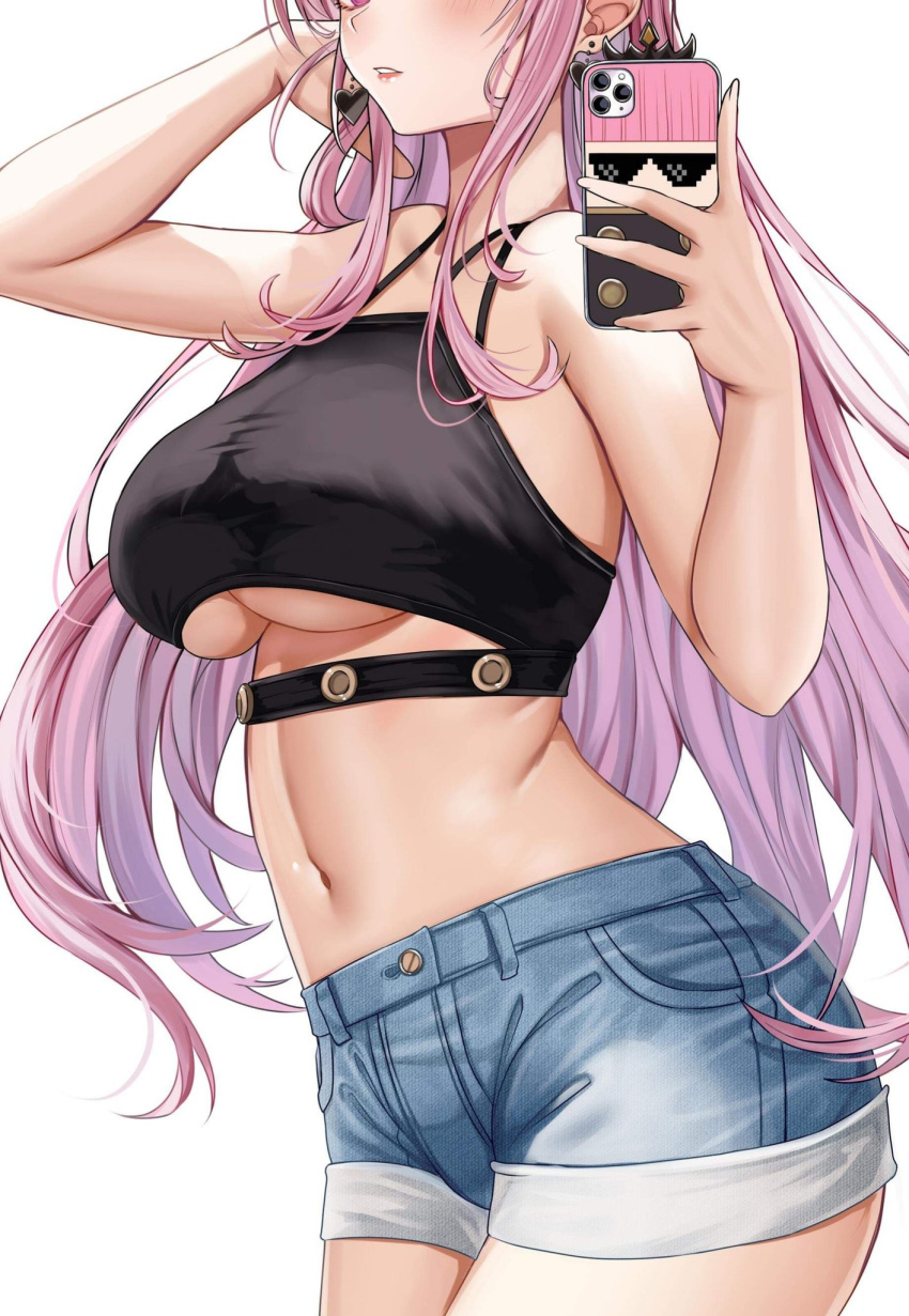 1girl adjusting_hair arm_up bare_shoulders black_shirt breasts cellphone cowboy_shot crop_top denim denim_shorts earrings head_out_of_frame heart heart_earrings highres holding holding_phone hololive hololive_english jewelry large_breasts long_hair midriff mori_calliope navel parted_lips phone pink_eyes pink_hair piukute062 selfie shirt shorts sidelocks simple_background smartphone smartphone_case solo under_boob unfinished white_background