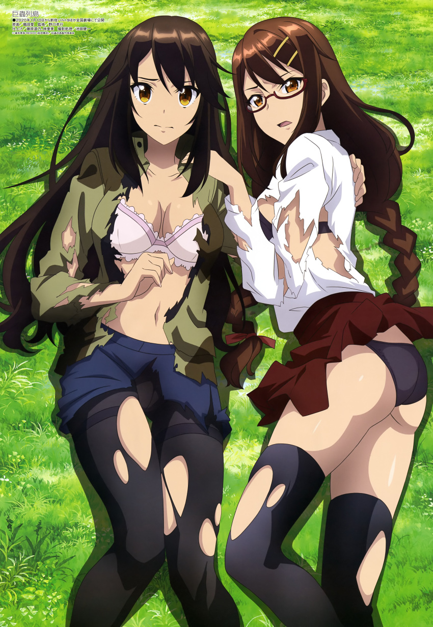 2girls absurdres artist_request black_hair black_legwear broken brown_eyes brown_hair glasses highres kyochuu_rettou long_hair looking_at_viewer matsuoka_ayumi multiple_girls oribe_mutsumi skirt thigh-highs