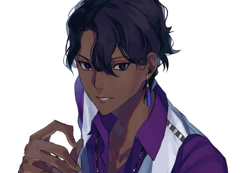 1boy arjuna_(fate/grand_order) black_eyes black_hair close-up dark_skin dark_skinned_male earrings face fate/grand_order fate_(series) highres jewelry male_focus ono_matope short_hair solo vest waistcoat wavy_hair