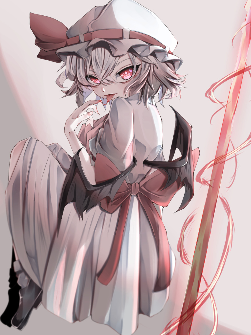 bat_wings blood blood_on_fingers fall_dommmmmer headwear highres mini_wings puffy_short_sleeves puffy_sleeves remilia_scarlet short_hair short_sleeves tongue tongue_out touhou wings