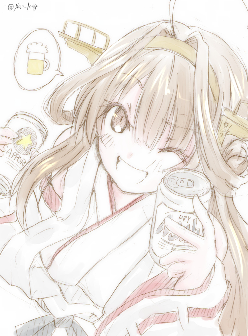 1girl ;d ahoge alcohol asahi_breweries beer beer_can beer_mug blush braid braided_bun brown_hair can chicken99 commentary_request detached_sleeves double_bun eyebrows_visible_through_hair hairband headgear highres japanese_clothes kantai_collection kongou_(kantai_collection) long_hair nontraditional_miko one_eye_closed open_mouth remodel_(kantai_collection) ribbon-trimmed_sleeves ribbon_trim sapporo simple_background smile twitter_username