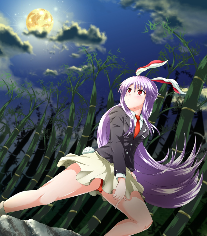 1girl animal_ears bamboo bamboo_forest bangs bare_legs beige_skirt black_jacket blazer blush bunny_tail clouds commentary_request dutch_angle eyebrows_visible_through_hair feet_out_of_frame forest full_moon hair_between_eyes highres jacket long_hair miniskirt moon nature necktie night night_sky panties pantyshot pleated_skirt purple_hair rabbit_ears red_eyes red_neckwear red_panties reisen_udongein_inaba shirt skirt sky smile solo standing tail thighs toronikudon touhou underwear very_long_hair white_shirt
