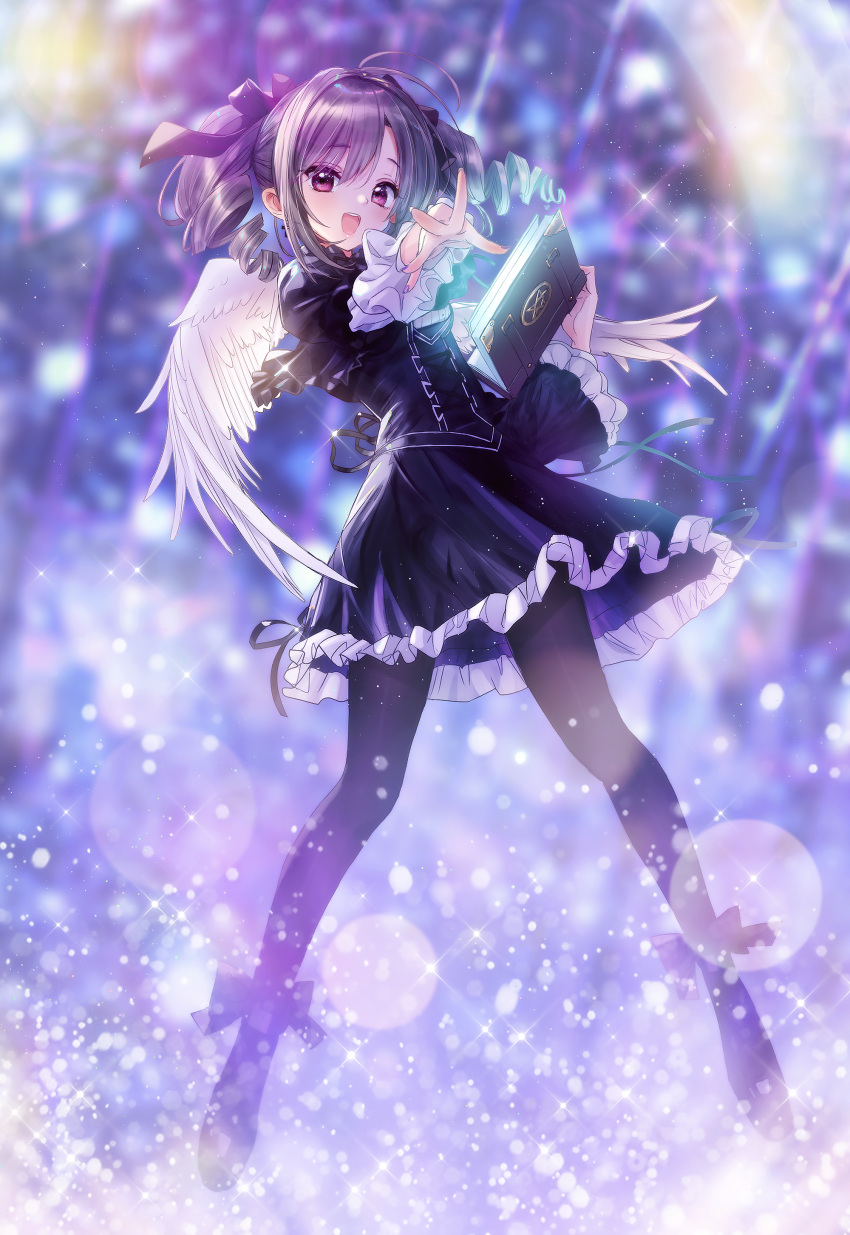 1girl absurdres aiming_at_viewer ankle_bow bangs black_legwear blurry blurry_background blush book bow breasts casting_spell dress drill_hair full_body glowing gothic_lolita grey_hair grimoire hair_ribbon highres holding holding_book idolmaster idolmaster_cinderella_girls juliet_sleeves kanzaki_ranko legs_apart lolita_fashion long_hair long_sleeves looking_at_viewer magic open_book outstretched_arm pantyhose puffy_sleeves red_eyes ribbon silver_hair small_breasts smile solo sparkle swept_bangs tsukigami_runa twin_drills twintails violet_eyes white_wings wide_sleeves wings