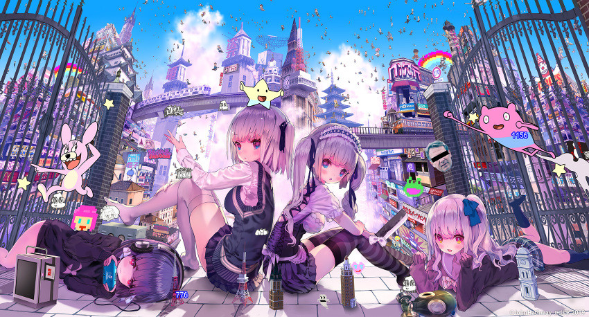 4girls :d :o black_legwear black_ribbon black_shirt black_skirt blue_eyes blue_sky blush breasts censored closed_mouth clouds commentary_request day eiffel_tower elizabeth_tower gas_mask gate graffiti ground_vehicle hair_ribbon handheld_game_console headphones heart heart-shaped_pupils highres holding_handheld_game_console identity_censor john_hathway kneehighs knees_up leg_up long_hair long_sleeves looking_at_viewer looking_to_the_side lying medium_breasts miniskirt multiple_girls no_shoes on_stomach one_side_up open_mouth original outdoors parted_lips pleated_skirt puffy_short_sleeves puffy_sleeves purple_hair purple_skirt red_eyes ribbon shirt short_hair short_sleeves silver_hair sitting skirt sky sleeves_past_wrists smile soles star striped striped_legwear sweater_vest symbol-shaped_pupils thigh-highs tokyo_tower train twintails very_long_hair violet_eyes watermark white_hair white_legwear white_shirt