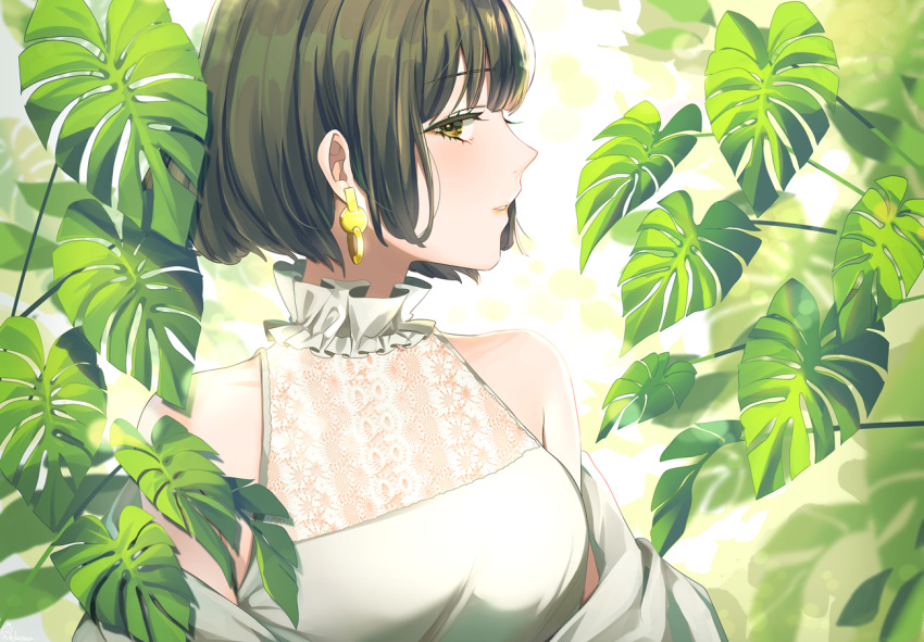 1girl backlighting bangs bare_shoulders black_hair blurry blurry_background breasts brown_eyes commentary_request depth_of_field dress earrings eyebrows_visible_through_hair jewelry looking_at_viewer medium_breasts neko-san_(dim.dream) original plant profile see-through short_hair sleeveless sleeveless_dress solo white_dress