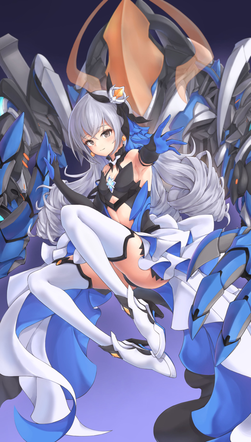 1girl absurdres bangs bare_shoulders blue_eyes blush bow breasts bronya_zaychik commentary_request dress drill_hair eyebrows_visible_through_hair gloves hair_between_eyes hair_bow hair_ornament highres honkai_(series) honkai_impact_3rd jewelry long_hair looking_at_viewer miso_(b7669726) silver_hair small_breasts smile solo thigh-highs twin_drills