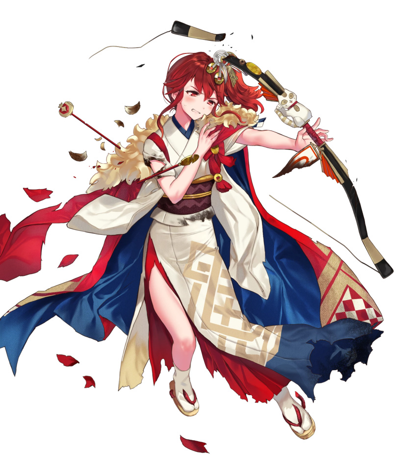 1girl anna_(fire_emblem) bangs bow_(weapon) broken broken_weapon fire_emblem fire_emblem_heroes full_body hair_ornament hanekoto highres japanese_clothes kimono obi official_art red_eyes redhead sandals sash solo tabi tied_hair torn_clothes transparent_background weapon white_legwear