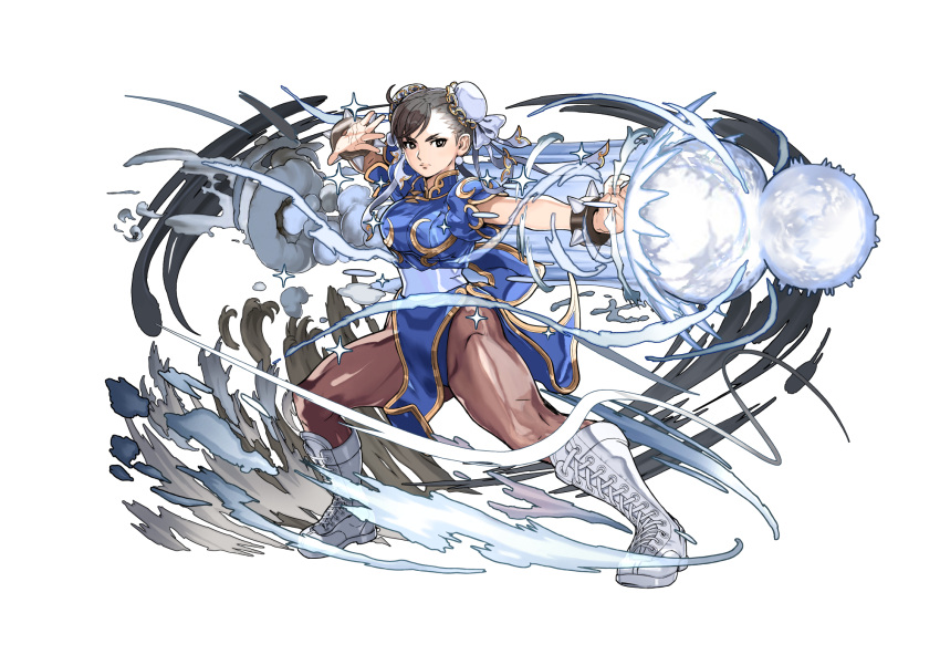 1girl black_hair blue_dress boots bracelet breasts brown_eyes brown_legwear bun_cover china_dress chinese_clothes chun-li commentary_request cross-laced_footwear double_bun dress dust_cloud energy_ball fighting_stance full_body highres jewelry knee_boots medium_breasts official_art pantyhose pelvic_curtain puffy_short_sleeves puffy_sleeves sash short_sleeves side_slit simple_background solo spiked_bracelet spikes street_fighter thick_thighs thighs white_footwear yasuda_akira